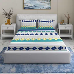 Quirky Home Turquoise Blue & White Geometric 180 TC Queen Bedsheet with 2 Pillow Covers-image-98