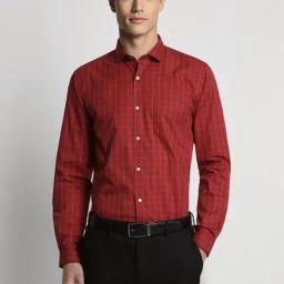 Peter England Red Slim Fit Checks Shirt-image-88