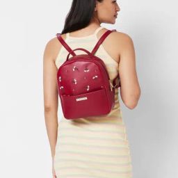 Caprese Dara Maroon Faux Leather Embroidered Backpack-image-34