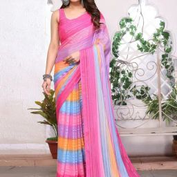 Satrani Pink Striped Saree With Unstitched Blouse-image-100