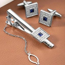 Peora Silver Plated Blue Stone Studded Classic Tie Pin & Cufflinks Set for Men-image-71