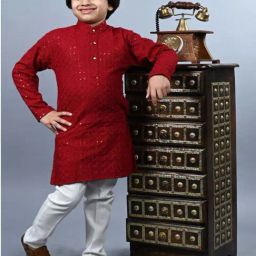 Ahhaaaa Kids Red & White Cotton Embroidered Full Sleeves Kurta Set-picture-32