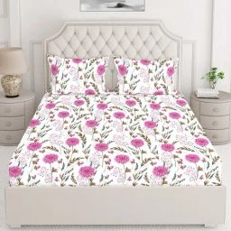 Layers Marigold Pink Cotton 140 TC King Flat Bed Sheet With 2 Pillow Covers-image-7