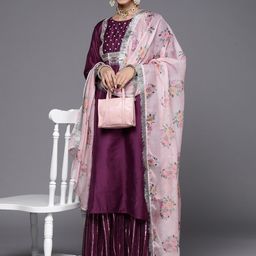 Varanga Women Purple Embroidered Chanderi Silk Kurta with Sharara & With Dupatta-picture-33