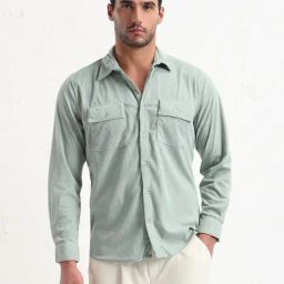 SHOW OFF Green Corduroy Slim Fit Solid Shirt-image-61
