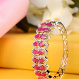 Saraf Rs Jewellery Silver Plated Fuschia Studded Statement Kada Bracelet-18