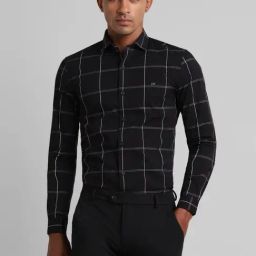 Peter England Perform Black Cotton Slim Fit Checks Shirt-image-30