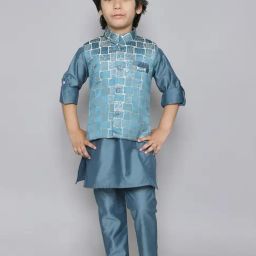 Ministitch Boys Teal Cotton Regular Fit Kurta Set-40