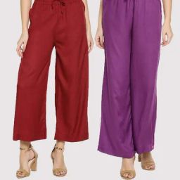 TWIN BIRDS Maroon & Purple Mid Rise Palazzos - Pack Of 2-image-87