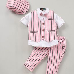 Robo Fry 3 Piece Full Sleeves Striped Party Suit With Bow & Cap - Pink-picture-37
