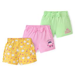 Doodle Poodle 100% Cotton Single Jersey Knit Above Knee Length Shorts With Bow Applique & Star Print Pack Of 3 - Yellow Pink & Green-image-25