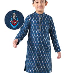 Earthy Touch Single Jersey Knit Full Sleeves Foil Printed Kurta - Blue-image-26
