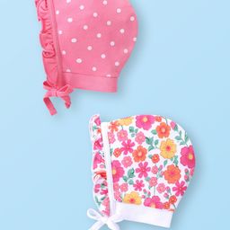 Babyhug 100% Cotton Knit Caps with Polka Dots & Floral Print  Pack of 2 - Pink & White-image-118