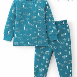 Babyoye Cotton Modal Blend Knit Full Sleeves Pullover Thermal Vest & Pant Set with Travel Theme - Teal Blue-image-15
