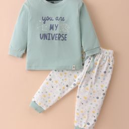 Pink Rabbit Single Jersey Knit Full Sleeves T-Shirt & Lounge Pants Set With Space Theme Print - Mint-image-46