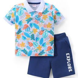 Babyhug Cotton Knit Half Sleeves Floral Printed Polo T-Shirt & Shorts Set - Multicolor-picture-4