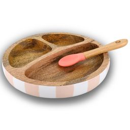 Taabartoli Wooden Round Plate with Silicone Suction and Spoon - Stripes-11