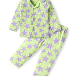 Babyhug Cotton Knit Full Sleeves Front Open Night Suit Star Print - Neon Green-image-79