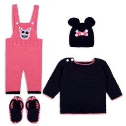 Windrop Solutions Animal Designed Crocheted Dungaree With Full Sleeves Solid Coordinating Sweater Cap & Booties Set - Black & Pink-picture-6