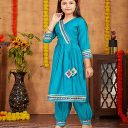 Aarika Three Fourth Sleeves Gota Lace Embellished Kurti Patiala Set - Turquoise Blue-image-10