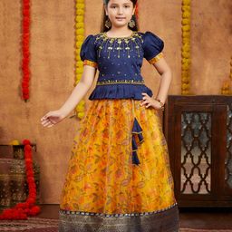 Aarika Silk Half Puffed Sleeves Floral Embroidered & Printed Beads Embellished Lehenga Choli Set - Navy Blue & Yellow-image-89