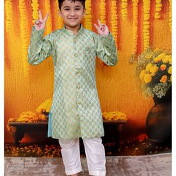 BownBee Jacquard Full Sleeves Floral Motifs Foil Printed Sherwani & Pyjama Set - Green-image-92