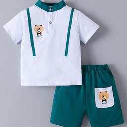 Mark & Mia Cotton Half Sleeves Madarin Collar T-Shirt & Shorts Set with Teddy Print - Dark Green & White-image-11