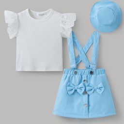 Mark & Mia Frill Sleeves Solid Color Top & Skirt Set with Hat & Bow Applique - White & Light Blue-image-19