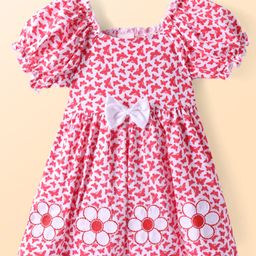 Babyhug Single Jersey Knit Puffed Sleeves Frock with Butterfly Print & Flower Bow Applique -Dark Pink & White-image-93