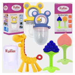 Kritiu Baby Silicone Teether Fruit Nibbler & Combo Pack Of 5 Non Toxic BPA Free Teething Toys - Multicolor-12