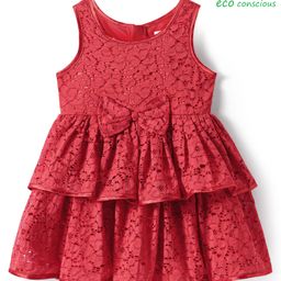 Babyoye Woven Sleeveless Solid Party Dress With Lace Detailing & Bow Applique - Red-picture-9