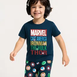 Babyhug Marvel 100% Cotton Half Sleeves Night Suit With Avengers Graphics - Navy Blue-picture-27
