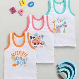 BUMZEE Cotton Pack Of 3 Sleeveless Animals & Train Printed Vests - White-image-66