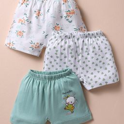 OHMS Single Jersey Knit Knee Length Hearts & Floral Printed Shorts Pack Of 3 - Light Green & White-picture-36