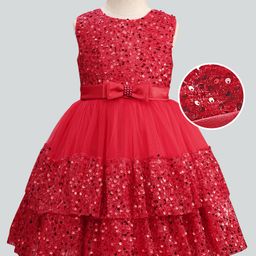 Mark & Mia Cotton Woven Sleeveless Flared Party Dress With Sequins & Bow Applique - Red-picture-43
