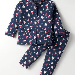 CUCUMBER Sinker Knit Full Sleeves Co-ords Night Suit With Cap Print - Navy Blue-image-23