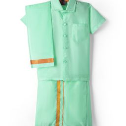 Dapper Dudes Cotton Silk Woven Half Sleeves Solid Shirt & Mundu With Angavastram Set - Pista-picture-8