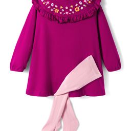 Babyhug Cotton Knit Full Sleeves Frock With Leggings & Floral Embriodery - Pink-picture-37