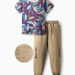 OLLINGTON ST. Cotton Sinker Knit Half Sleeves T-Shirt & Taffeta Woven Joggers Set with Leaf Print - Multicolor & Beige-image-62