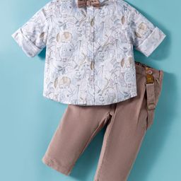 ToffyHouse Interlock Knit Full Sleeves Animal Printed Shirt & Trouser Set with Bow & Suspender - Brown-picture-4