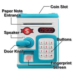 VGRASSP Premium Money Safe Piggy Bank Toy for Kids and Adults with 3 Step Unlock - Feed Number Password Touch Fingerprint Sensor Then Twist Handle to Open The Door (Blue - White) image 4