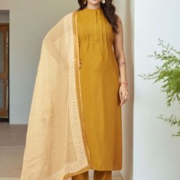SZN Women Mandarin Collar Regular Kurta & Trousers With Dupatta-picture-12