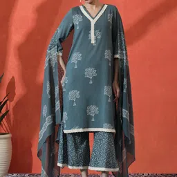 Sangria Embroidered Pure Cotton Straight Kurta & Palazzos Sets-picture-53