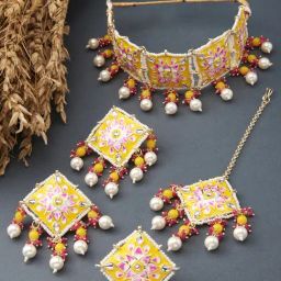 Zaveri Pearls Yellow & Pink Meenakari Cluster Beads Drop Choker Necklace Earring Maangtikka & Ring Set-ZPFK13609-image-57