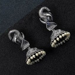 Priyaasi Oxidized Silver-Plated with Bead Jhumki Earrings-image-59