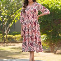 Janasya Peach Primnted Dress-image-11