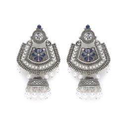 Aatmana Blue Meenakari Kundan & Pearl Floral Ethnic Jhumki Earrings image 3