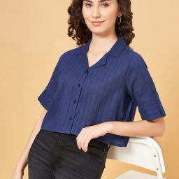 YU by Pantaloons Blue Cotton Striped Cropped Shirt-image-75