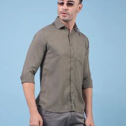 Crimsoune Club Grey Linen Blend Slim Fit Stripes Casual Shirt-image-79