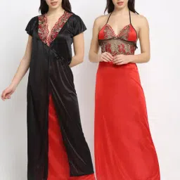 Secret Wish Black & Red Embroidered Nighty With Robe-image-94